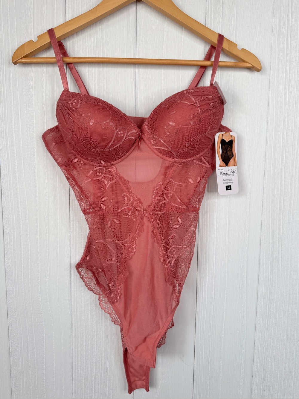 Rene Rofe Rose Demi Push-Up Lace Underwire Bodysuit Size M